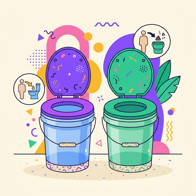 雙桶系統示意圖：兩個分別標示小便與大號的塑膠桶